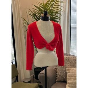 Rationalle Women’s Long Sleeve Sweater Size S Red Cropped Knot Fuzzy Soft